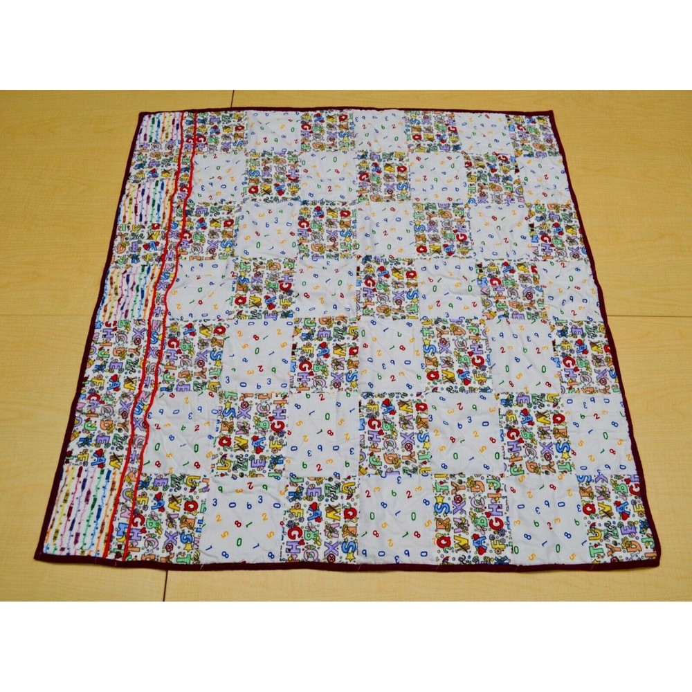 Handmade Flannel Patchwork Baby Quilt ABC's & Numbers with Solid Maroon Backing